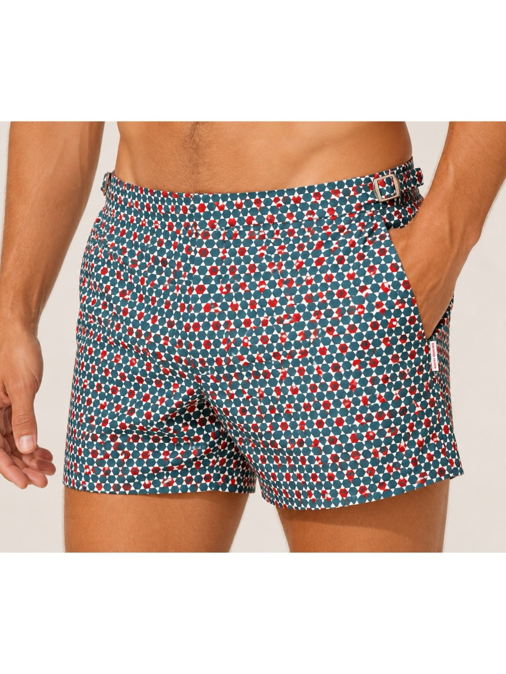 Orlebar Brown Setter Tailored Swim Trunks Red Grey Geometric Design Size 30